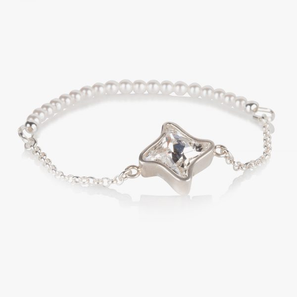 Beautiful handmade sterling silver bracelet with a white (Shiro) crystal and pearls on an elastic string. Easy to wear. If the bracelet turns on your wrist then the pearls show beautifully.