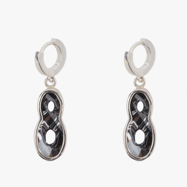 Beautiful handmade sterling silver earrings with dark grey almost black (Kuro) crystals. The crystals are dangling on one cm small hoops. The small hoops are easy to open and close due to the leverage. You don’t have to look and poke for the hole. Just pull them open, click and go. The small hoops fit perfectly in your ear.  The unique sterling casts of the crystals are designed with a goldsmith. Making this our own jewelry design, beautifully lasered with our name on the side.
